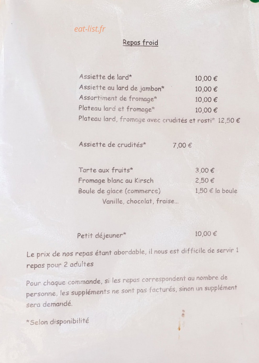 Carte et menu de Ferme-Auberge du Bruckenwald à Masevaux-Niederbruck — Le repas froid