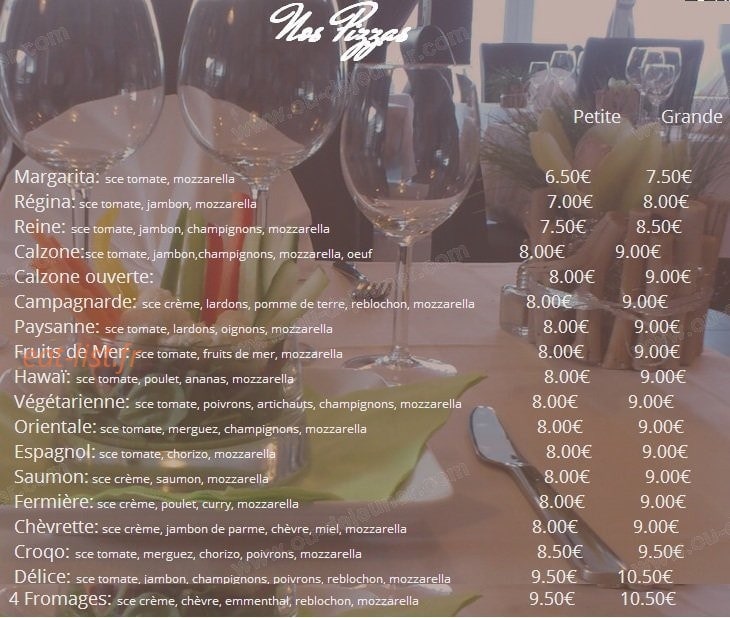 Carte et menu de La Vieille Fonderie à Masevaux-Niederbruck — les pizzas à emporter
