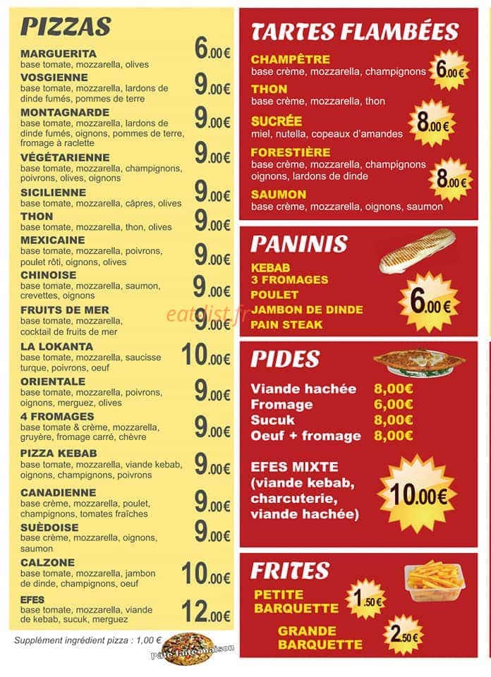 Carte et menu de Le Gourmet chez Efes à Masevaux-Niederbruck — Les pizzas, tartes et paninis...