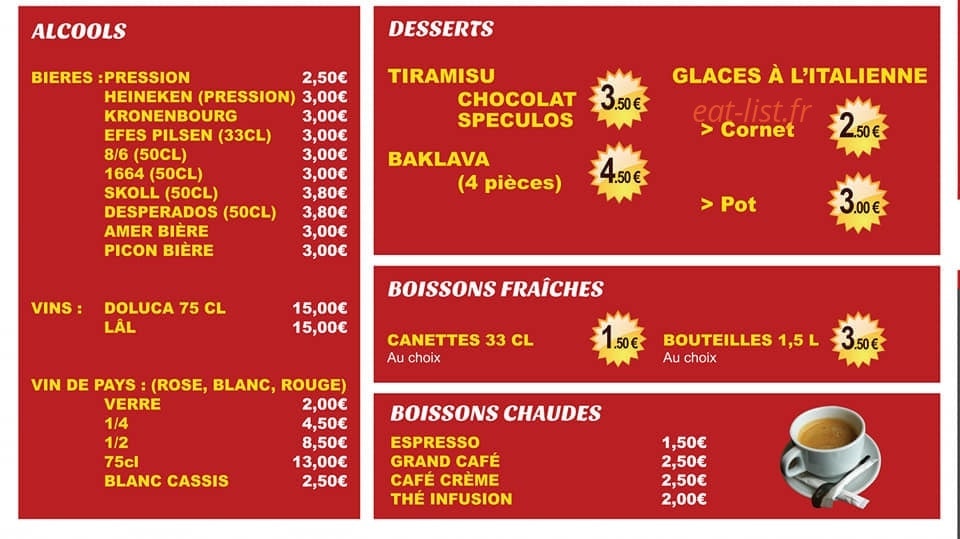 Carte et menu de Le Gourmet chez Efes à Masevaux-Niederbruck — Les desserts et boissons