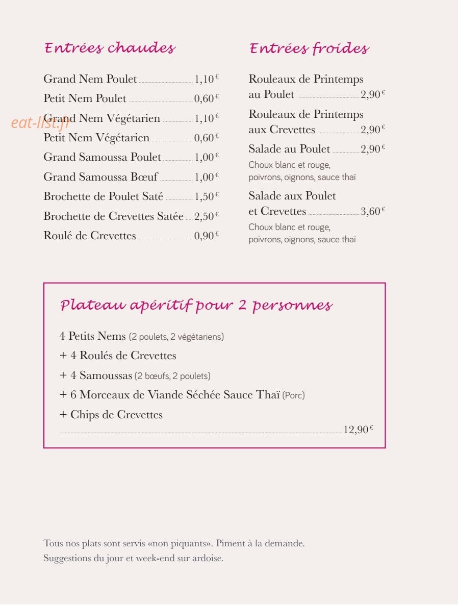 Carte et menu de Petit Bangkok à Masevaux-Niederbruck — Entrées, plateaux