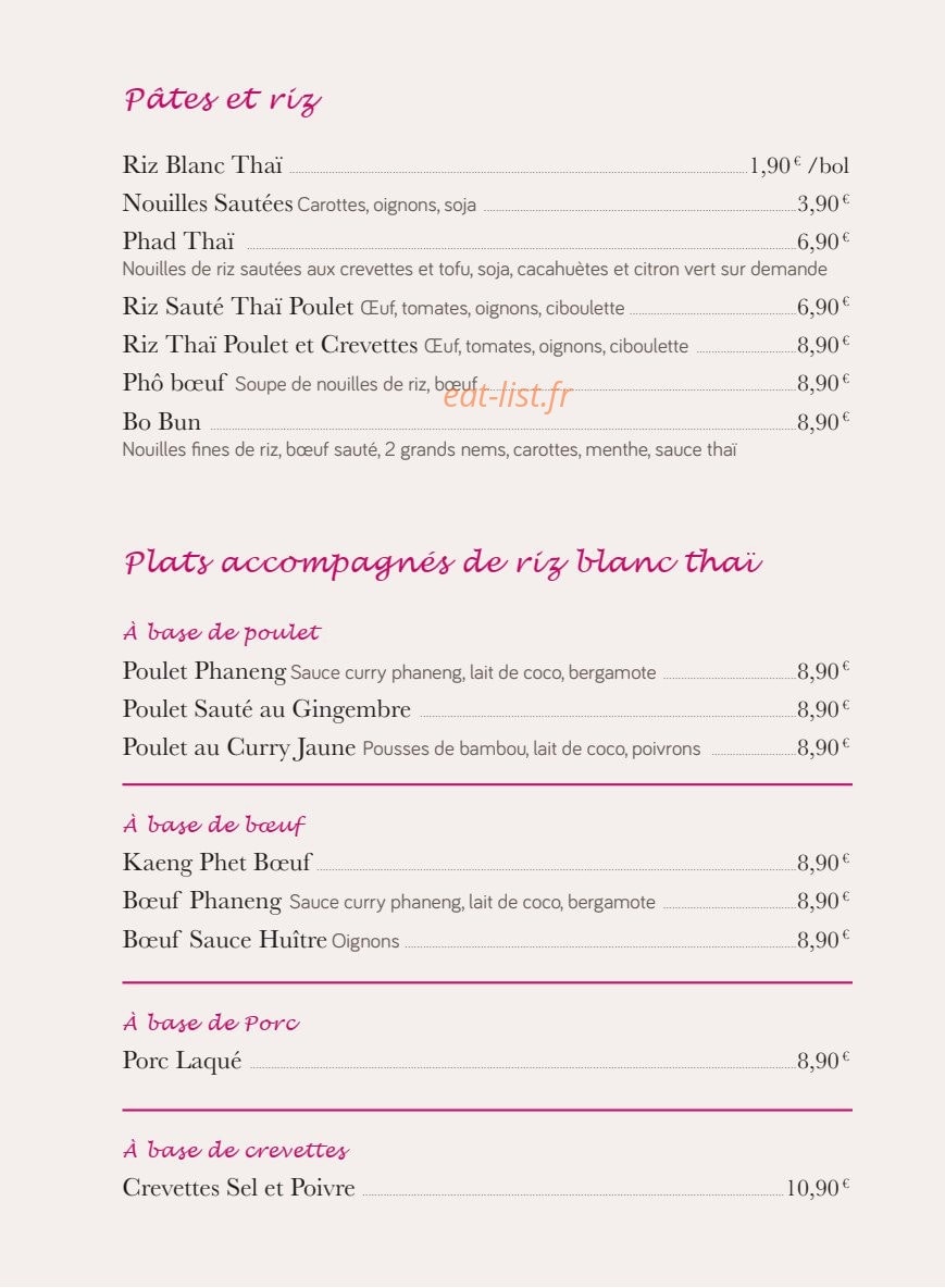 Carte et menu de Petit Bangkok à Masevaux-Niederbruck — Pâtes, plats...