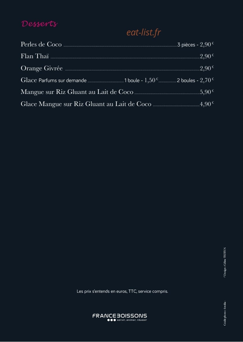 Carte et menu de Petit Bangkok à Masevaux-Niederbruck — Desserts