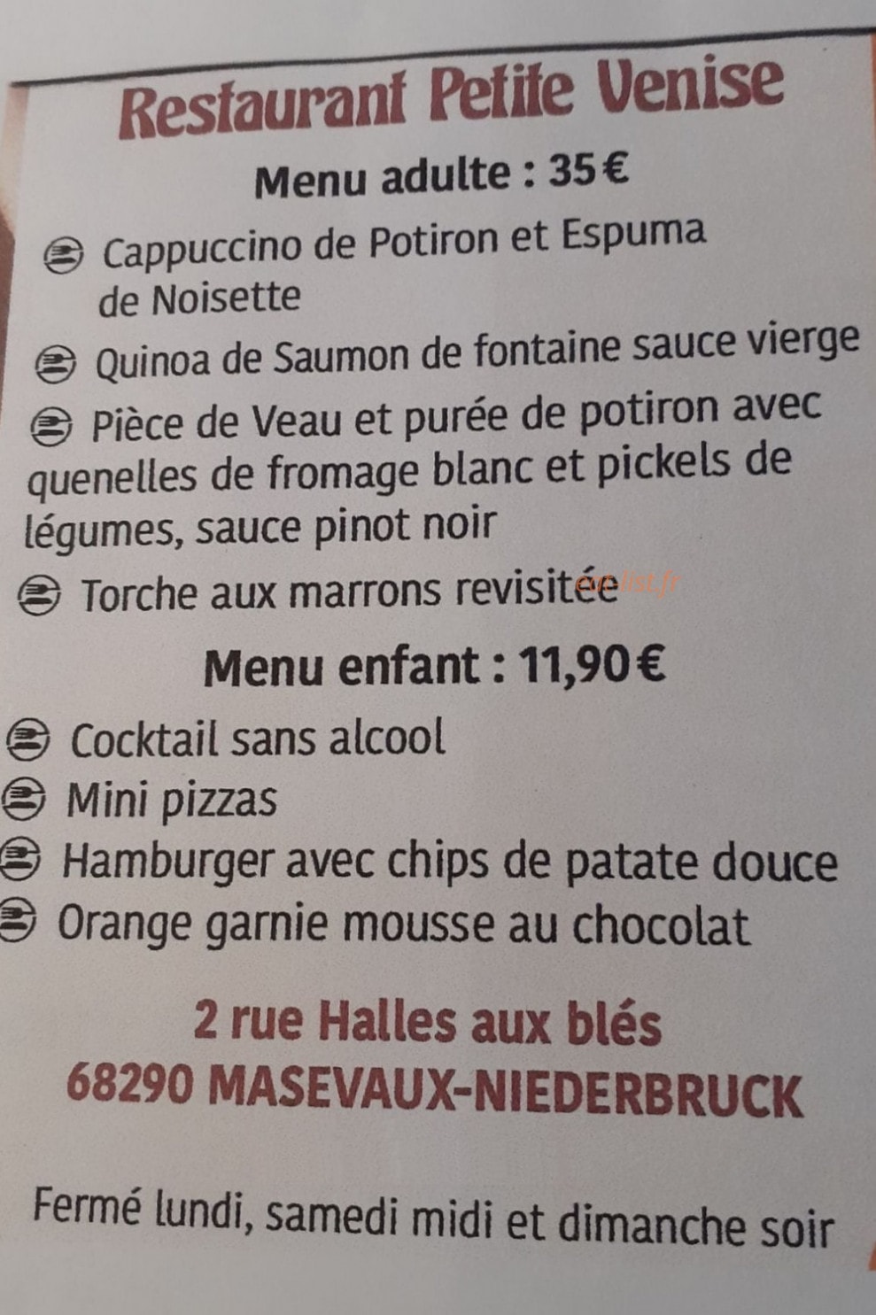 Carte et menu de Petite Venise à Masevaux-Niederbruck — Les menus