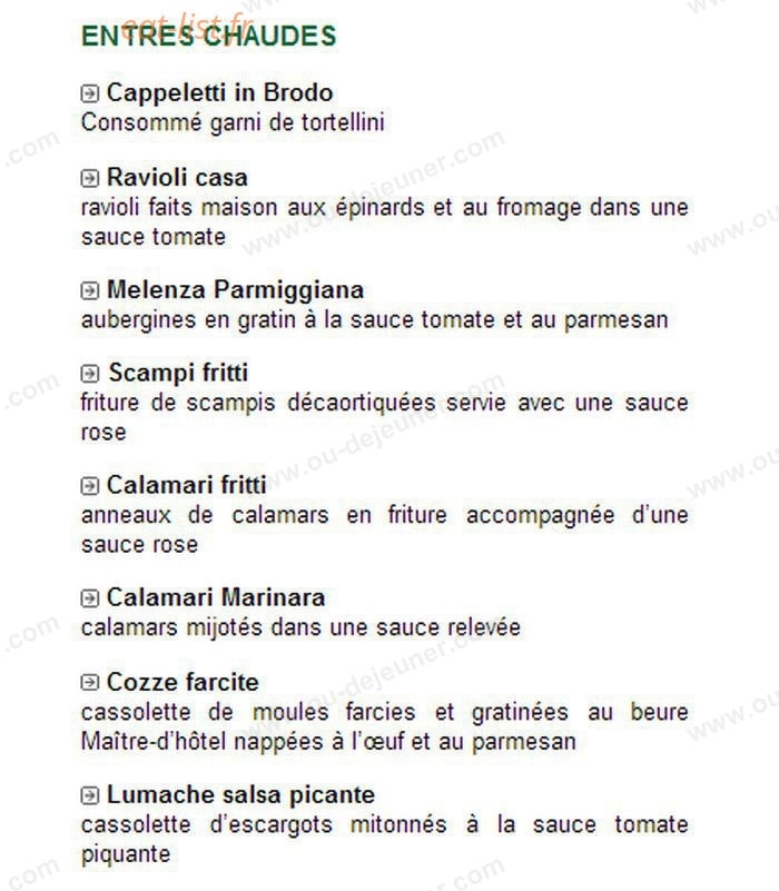 Carte et menu de Trattoria Fancello à Masevaux-Niederbruck — Les entrées chaudes