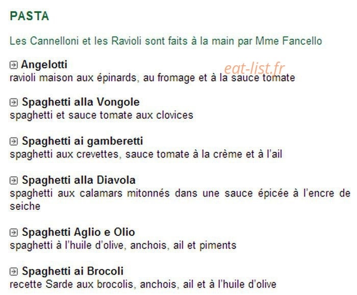 Carte et menu de Trattoria Fancello à Masevaux-Niederbruck — Les pastas