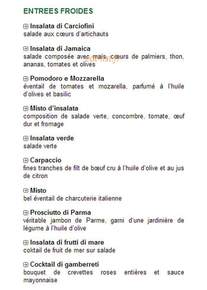 Carte et menu de Trattoria Fancello à Masevaux-Niederbruck — Les entrées froides