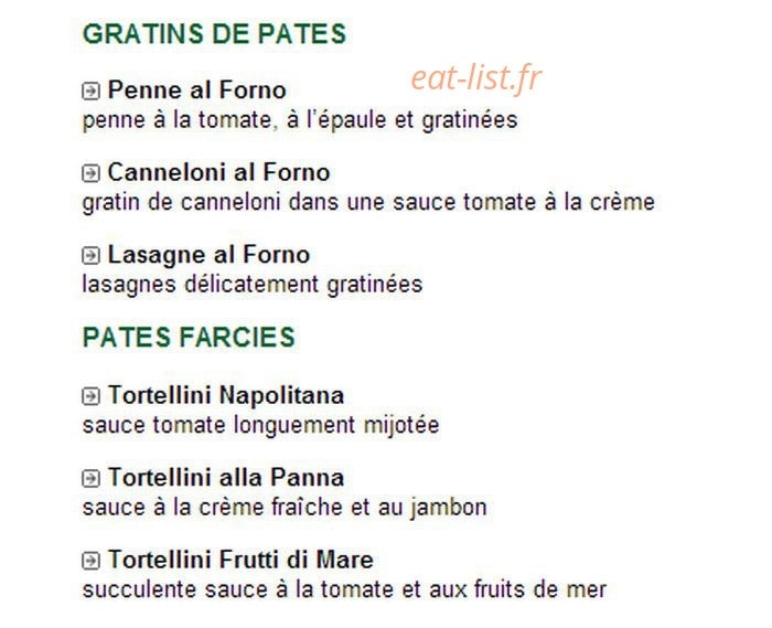Carte et menu de Trattoria Fancello à Masevaux-Niederbruck — Les gratins de pâtes et pâtes farcies