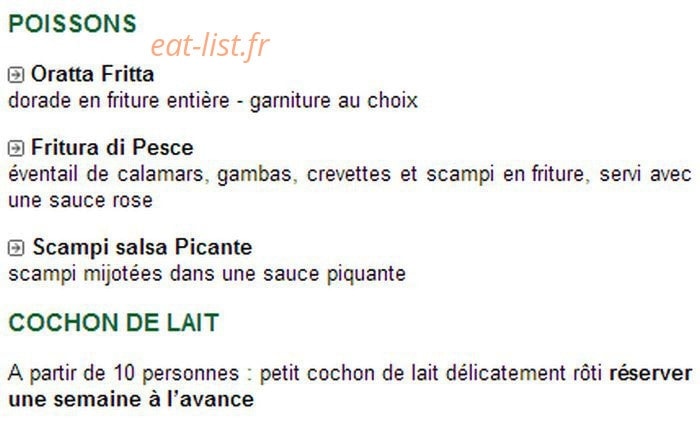 Carte et menu de Trattoria Fancello à Masevaux-Niederbruck — Les poissons et cochon de lait