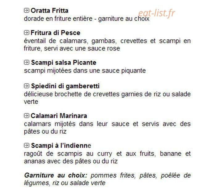Carte et menu de Trattoria Fancello à Masevaux-Niederbruck — Les poissons et crustacés
