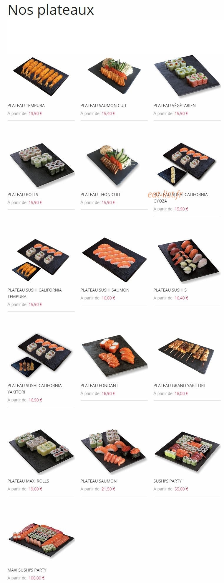 Carte et menu de Resto Sushi's à Saint Louis la Chaussee — Plateaux