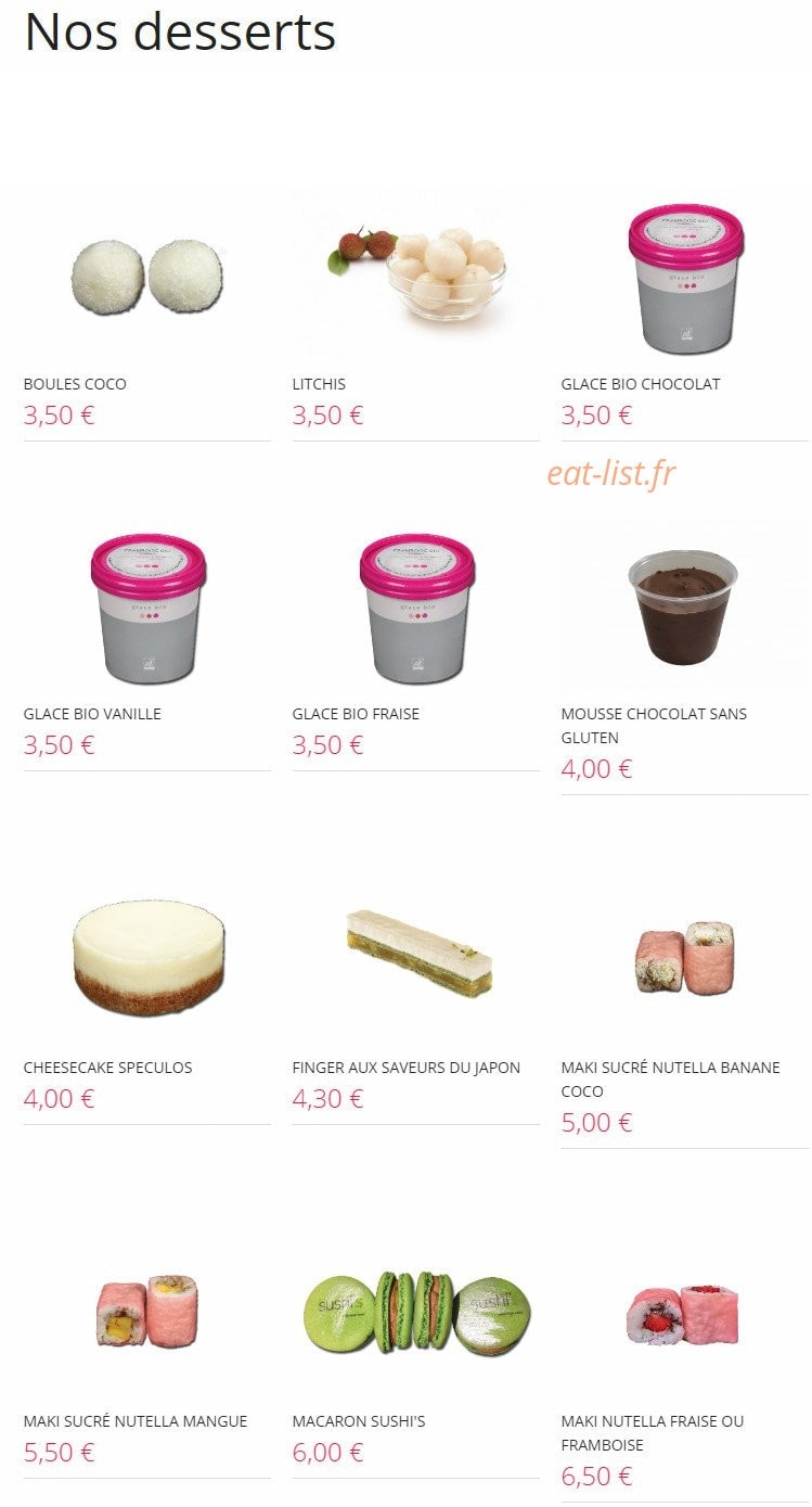 Carte et menu de Resto Sushi's à Saint Louis la Chaussee — Desserts