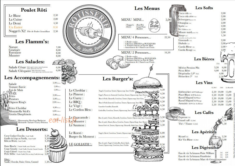 Carte et menu de Rôtisserie de la Vieille Pompe à Kunheim — Les burgers, desserts et boissons, ...