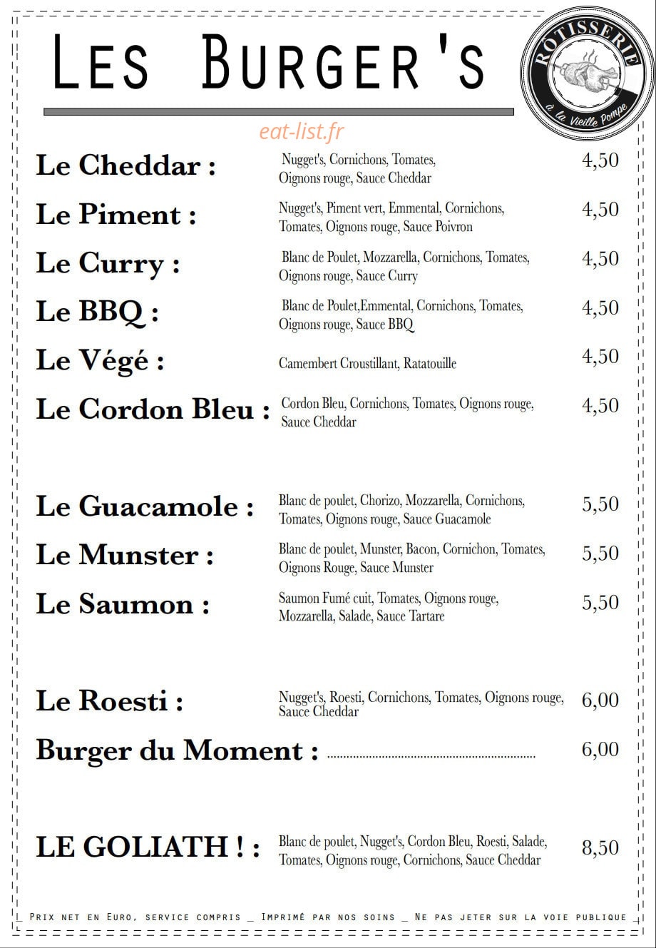 Carte et menu de Rôtisserie de la Vieille Pompe à Kunheim — Les burgers