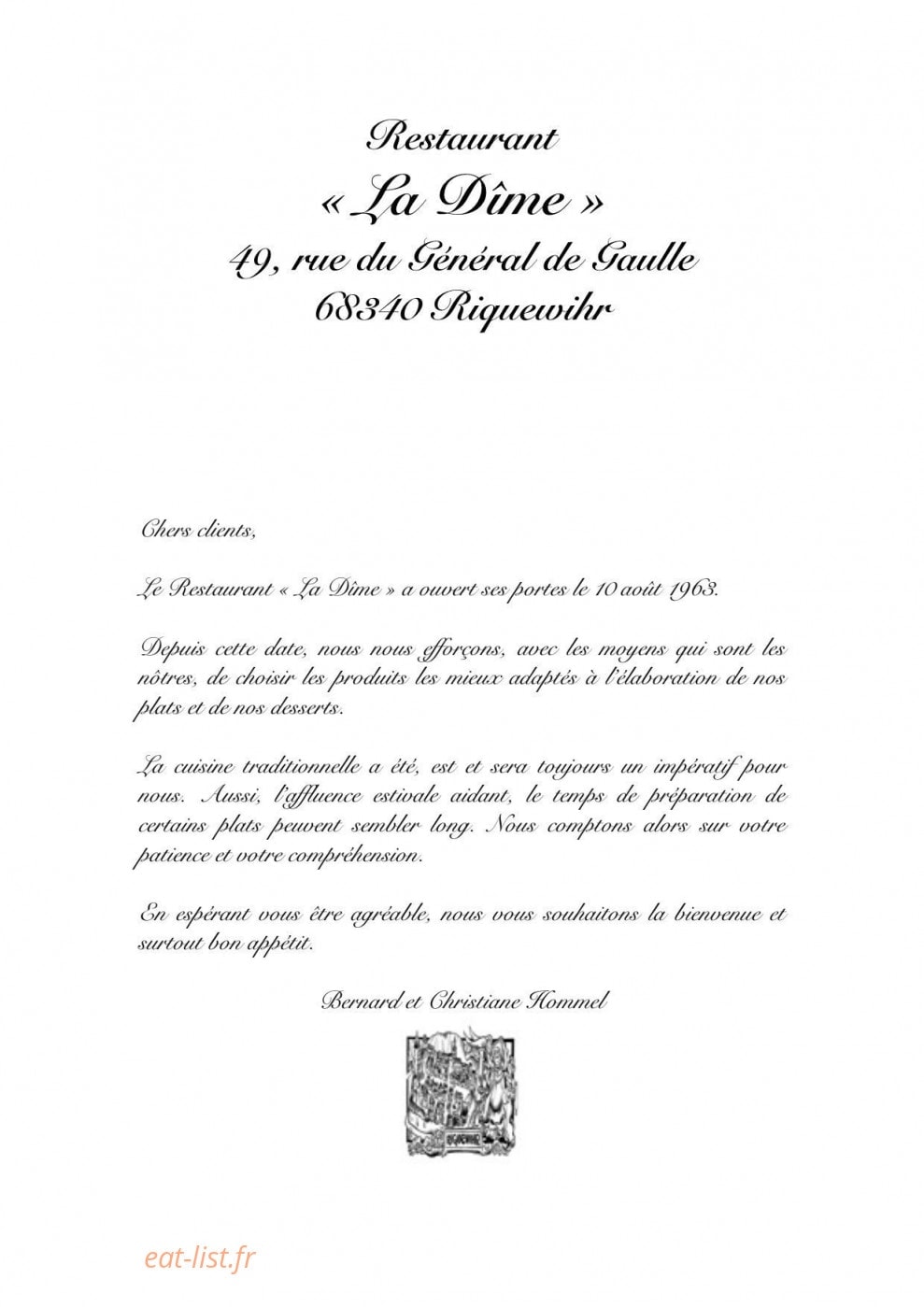 Restaurant La Dime — carte page 1