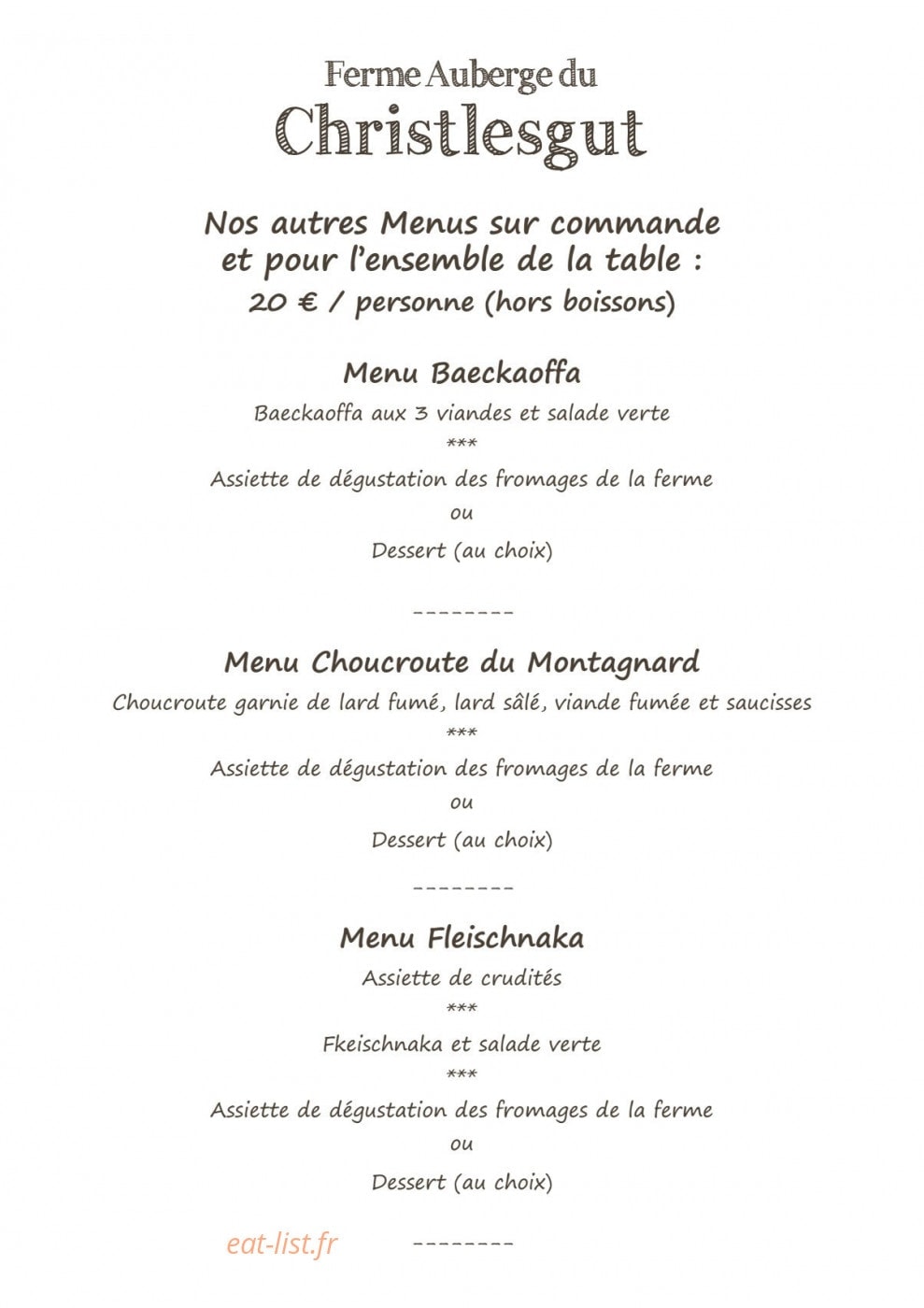 Carte et menu de Ferme Auberge Christlesgut à Breitenbach Haut Rhin — Les menus