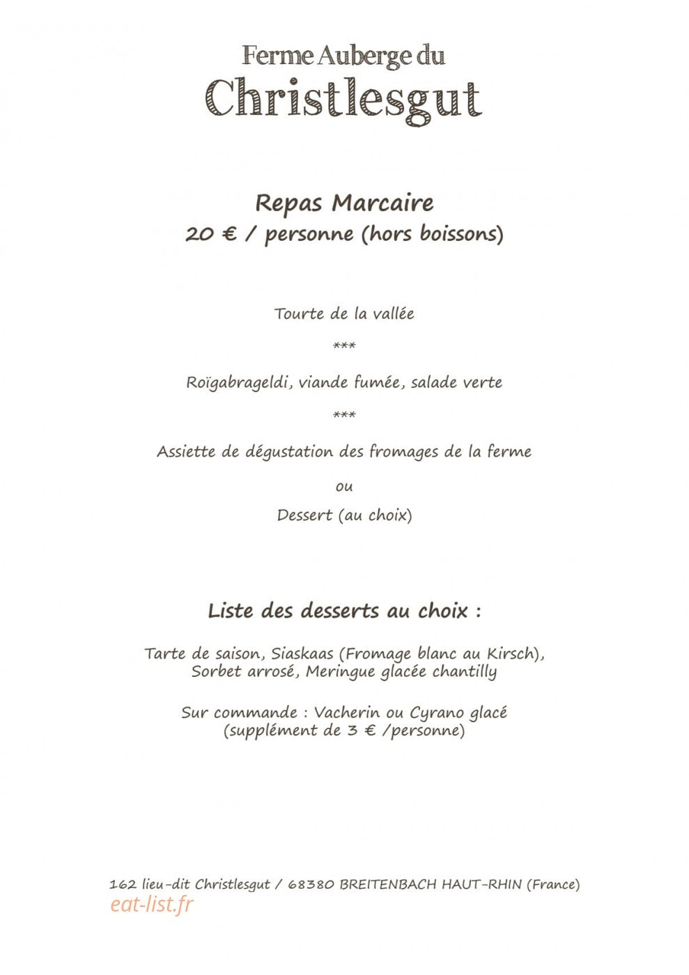 Carte et menu de Ferme Auberge Christlesgut à Breitenbach Haut Rhin — Repas marcaire