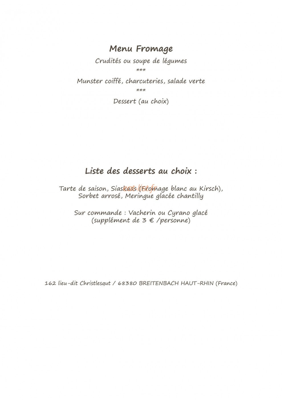 Carte et menu de Ferme Auberge Christlesgut à Breitenbach Haut Rhin — Les menus suite