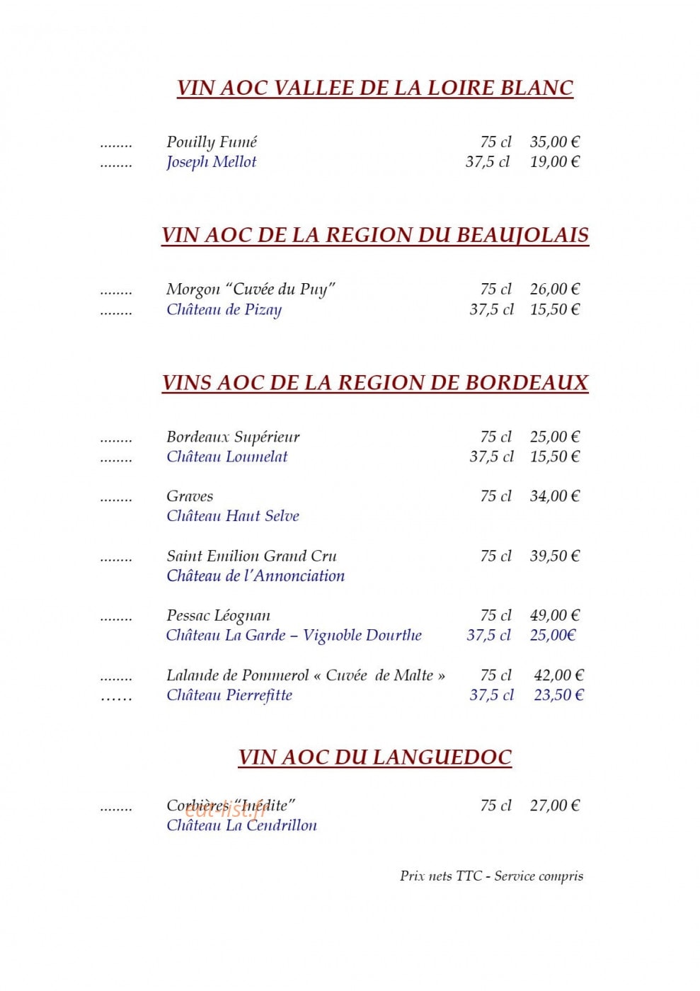 Auberge des Trois Châteaux — carte page 16