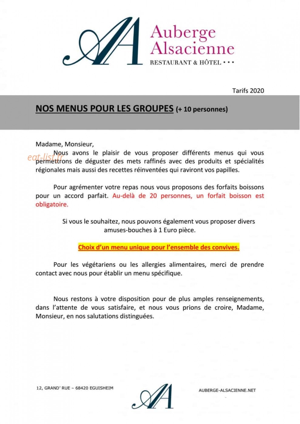 L'auberge alsacienne — carte page 7