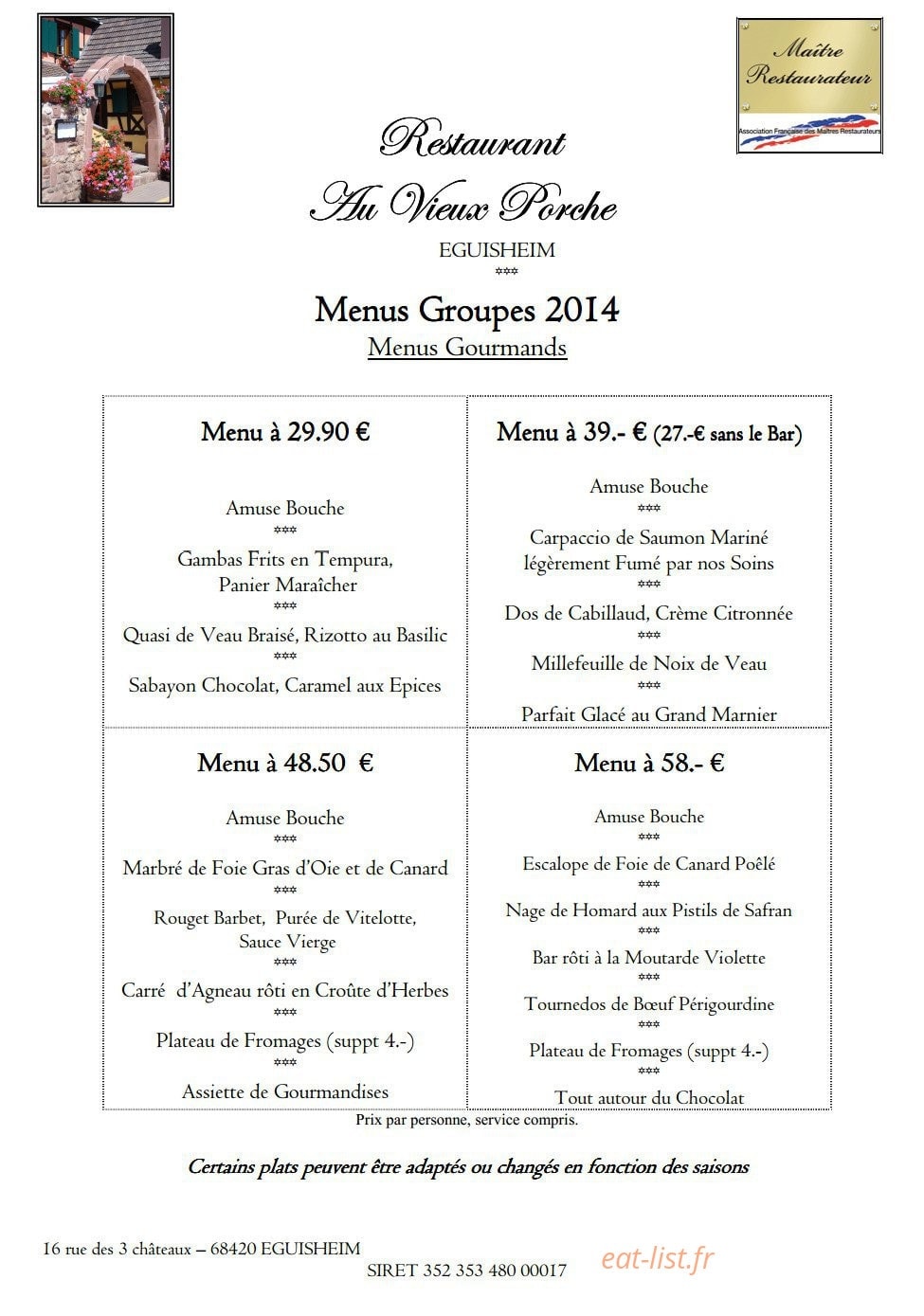 Carte et menu de Restaurant Au Vieux Porche à Eguisheim — Les menus groupes suite