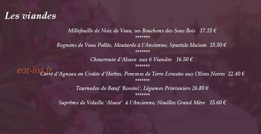 Carte et menu de Restaurant Au Vieux Porche à Eguisheim — Les viandes