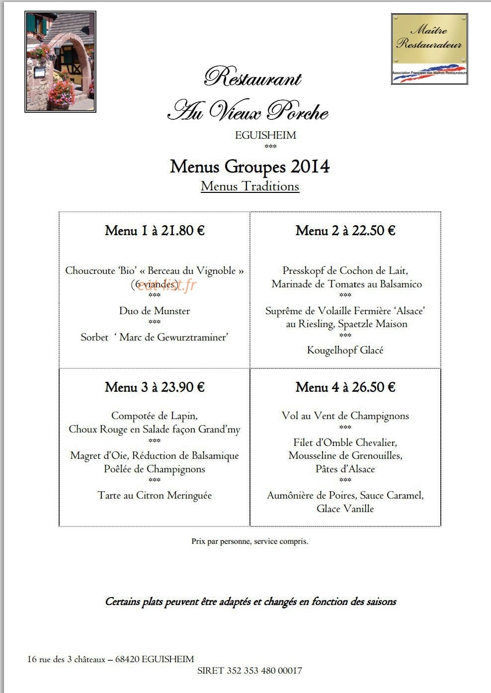 Carte et menu de Restaurant Au Vieux Porche à Eguisheim — Les menus groupes