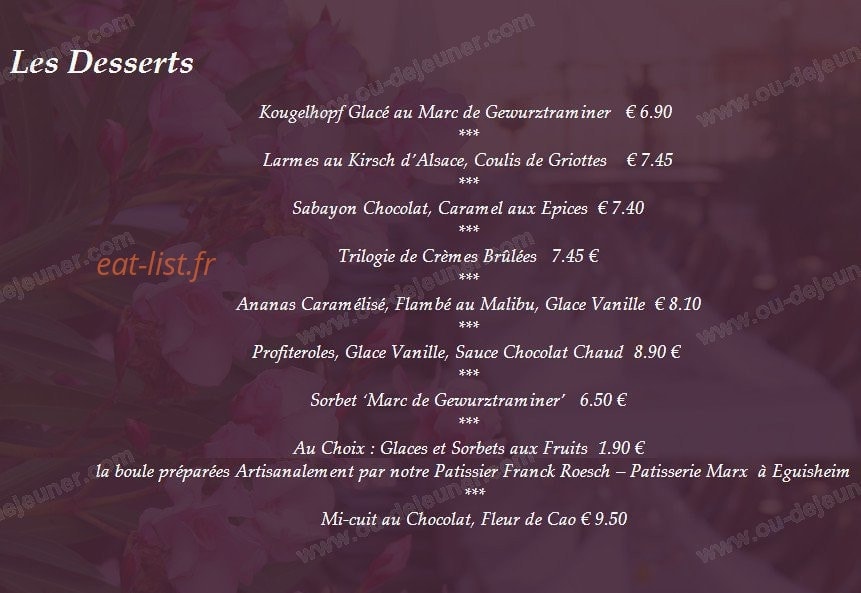Carte et menu de Restaurant Au Vieux Porche à Eguisheim — Les desserts