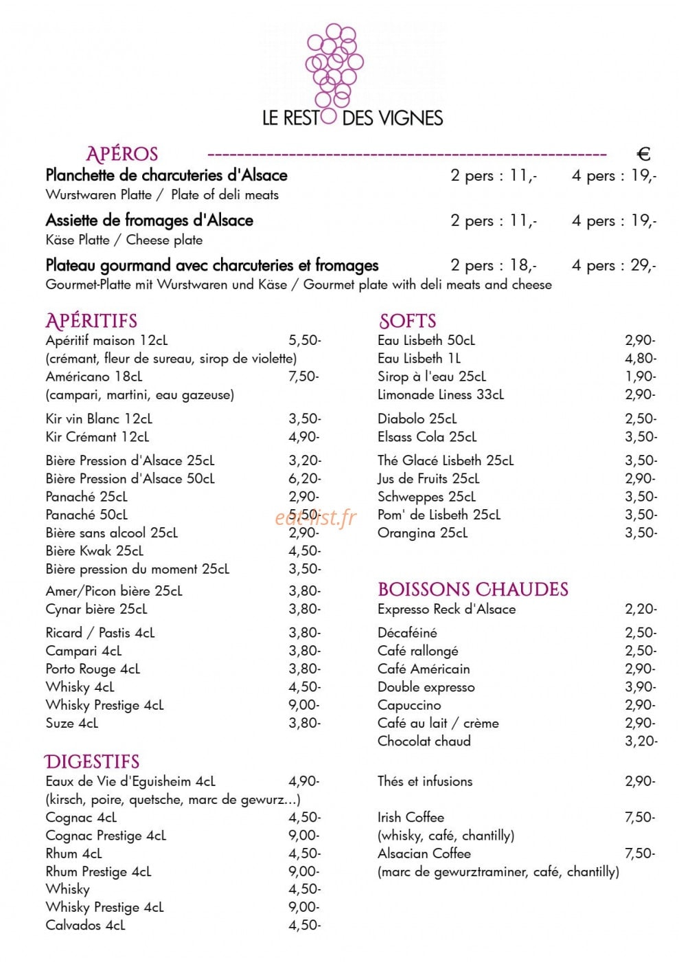 Resto des Vignes — carte page 1