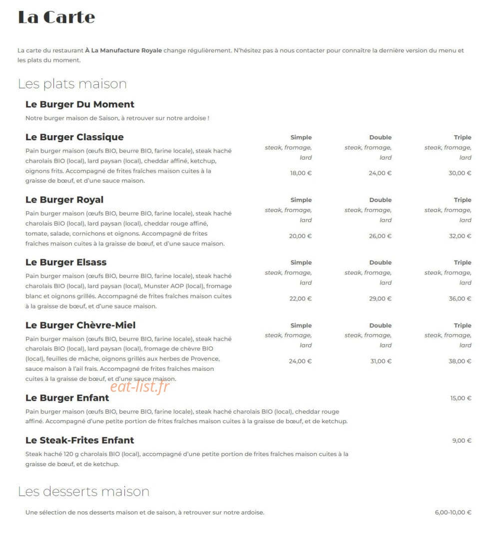À La Manufacture Royale — carte page 1