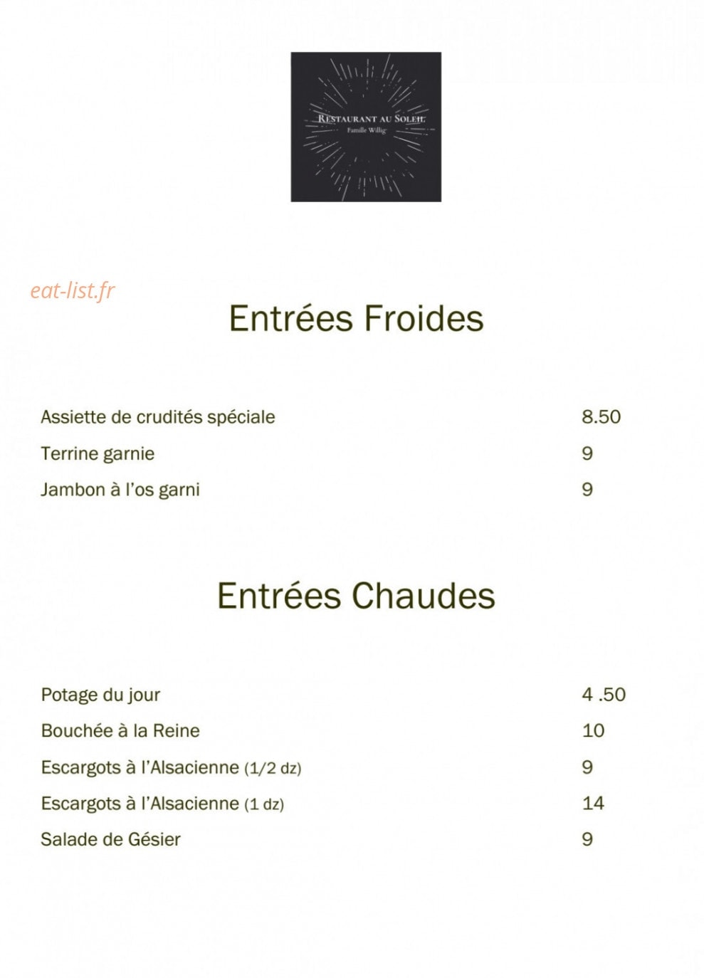 Restaurant au Soleil — carte page 1
