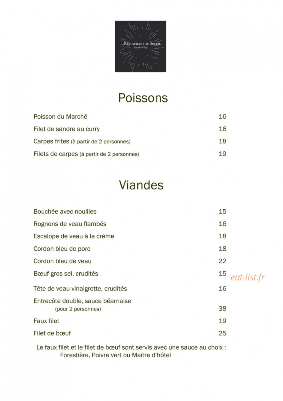 Restaurant au Soleil — carte page 2