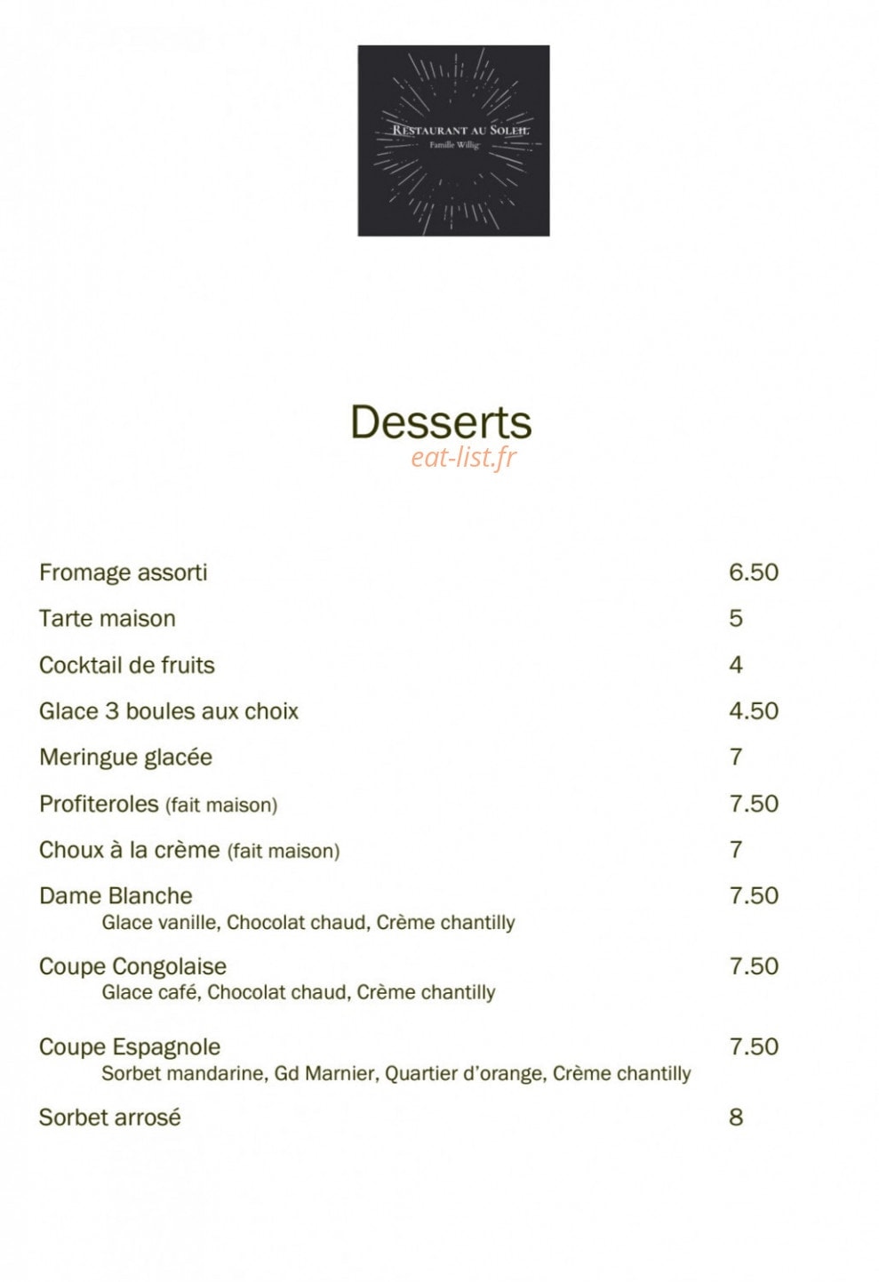 Restaurant au Soleil — carte page 3