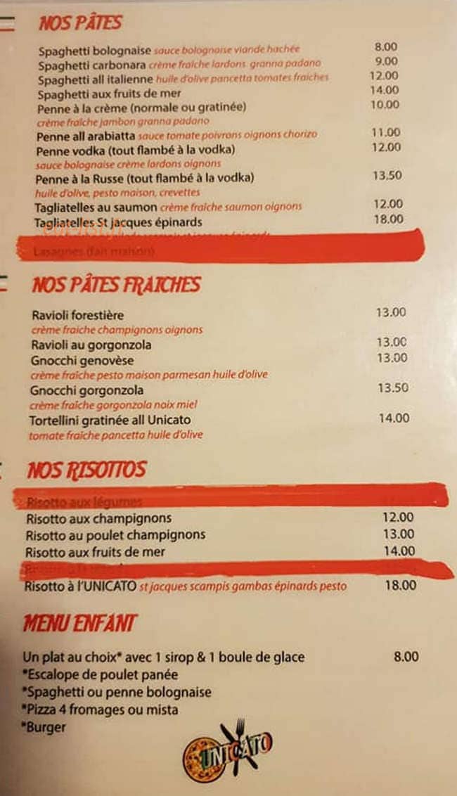 Restaurant Pizzeria Unicato — carte page 2