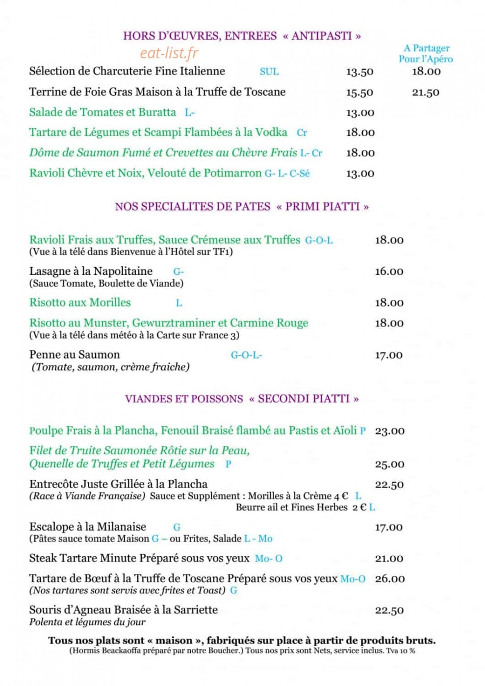 Restaurant de l'ange — carte page 1
