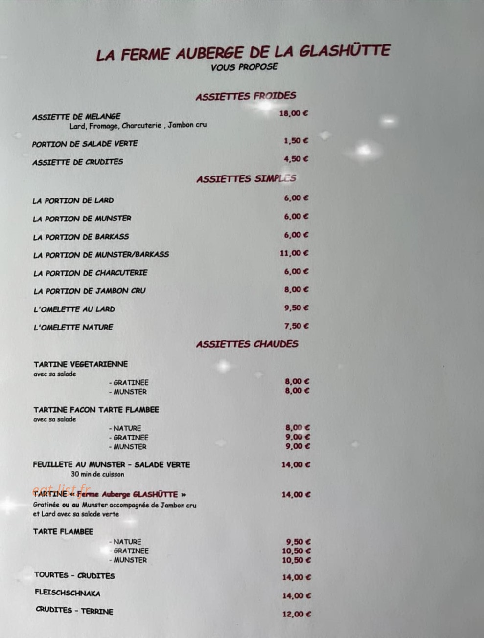 Auberge de la Glashütte — carte page 1