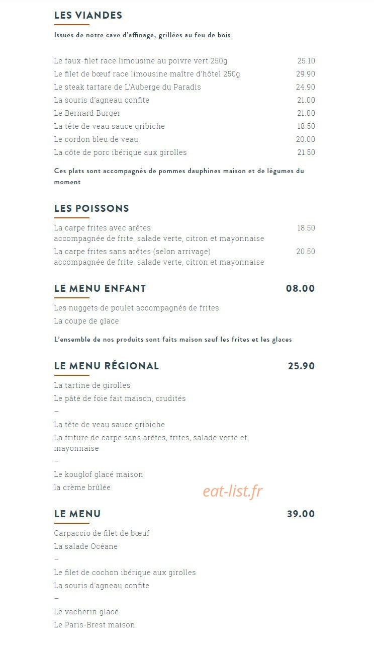 L'Auberge du Paradis — carte page 1