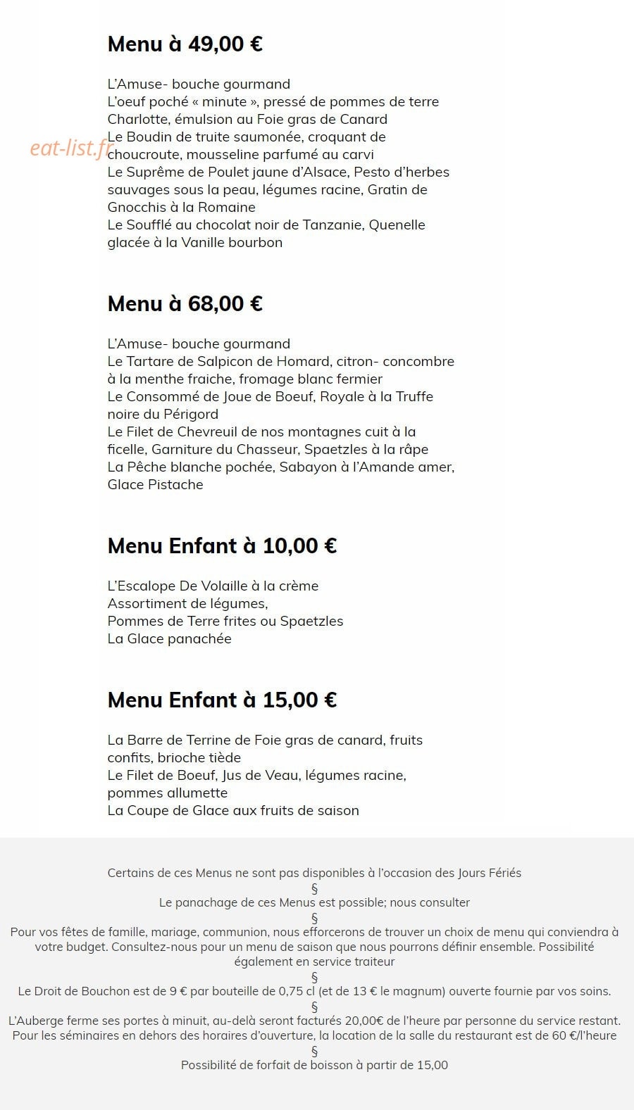Carte et menu de Auberge du Boenlesgrab à Lautenbachzell — Les menus suite