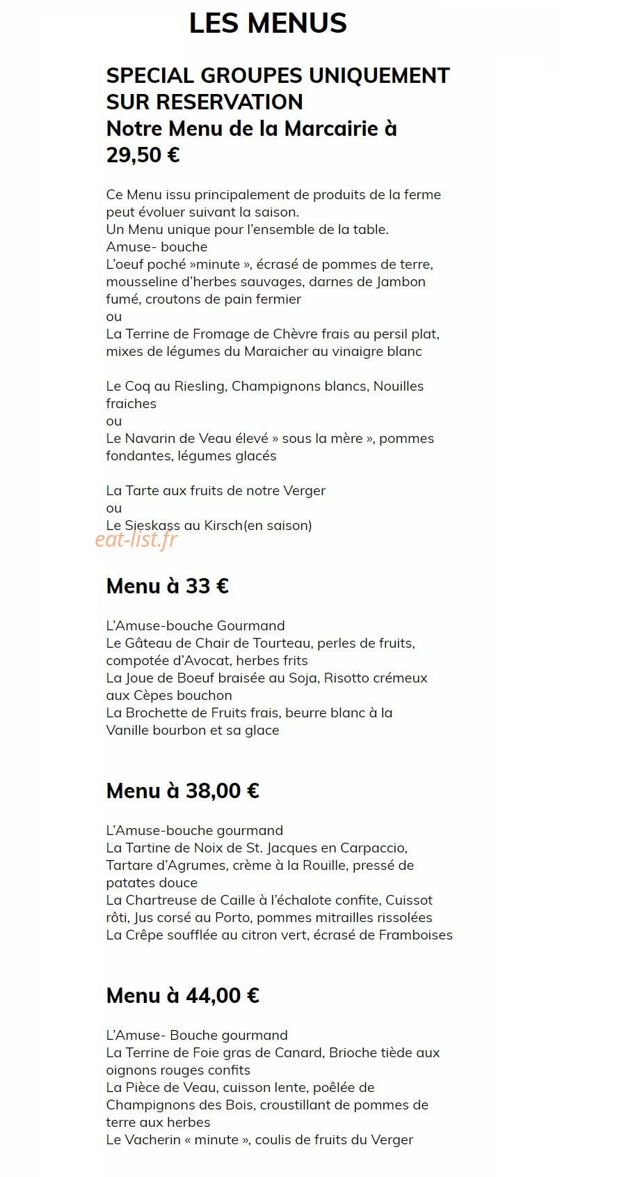 Carte et menu de Auberge du Boenlesgrab à Lautenbachzell — Les menus