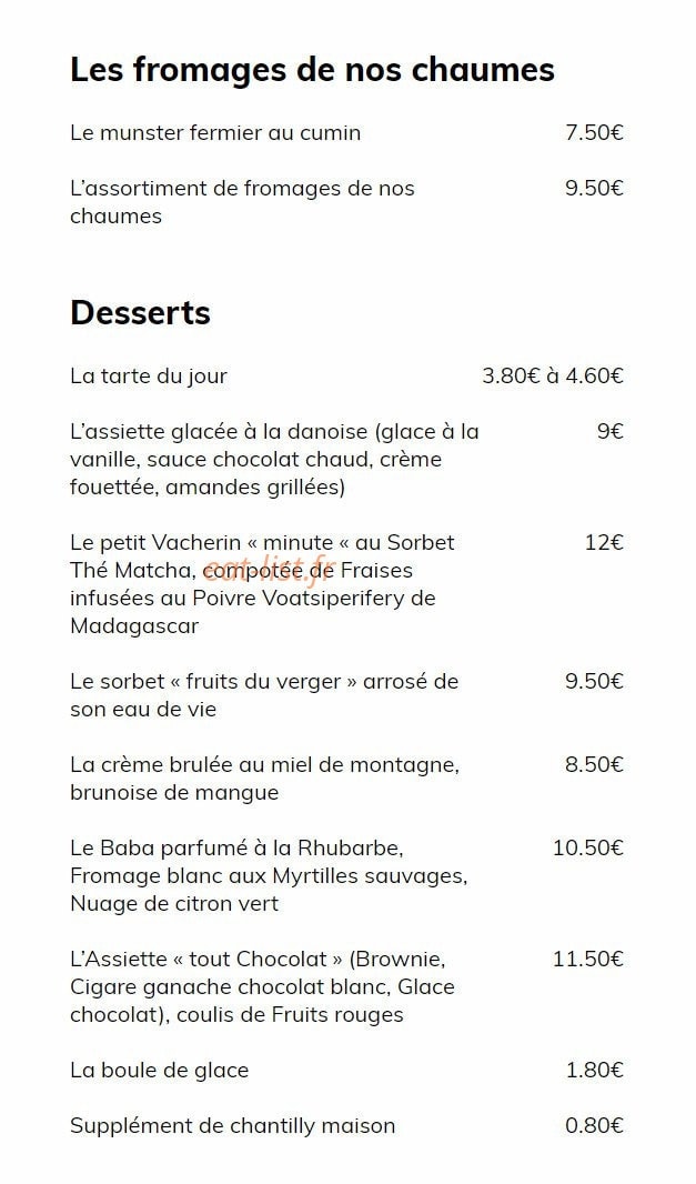 Carte et menu de Auberge du Boenlesgrab à Lautenbachzell — Les fromages et desserts