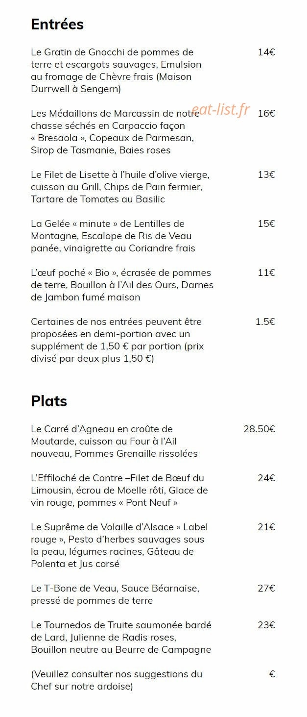 Carte et menu de Auberge du Boenlesgrab à Lautenbachzell — Les entrées et plats