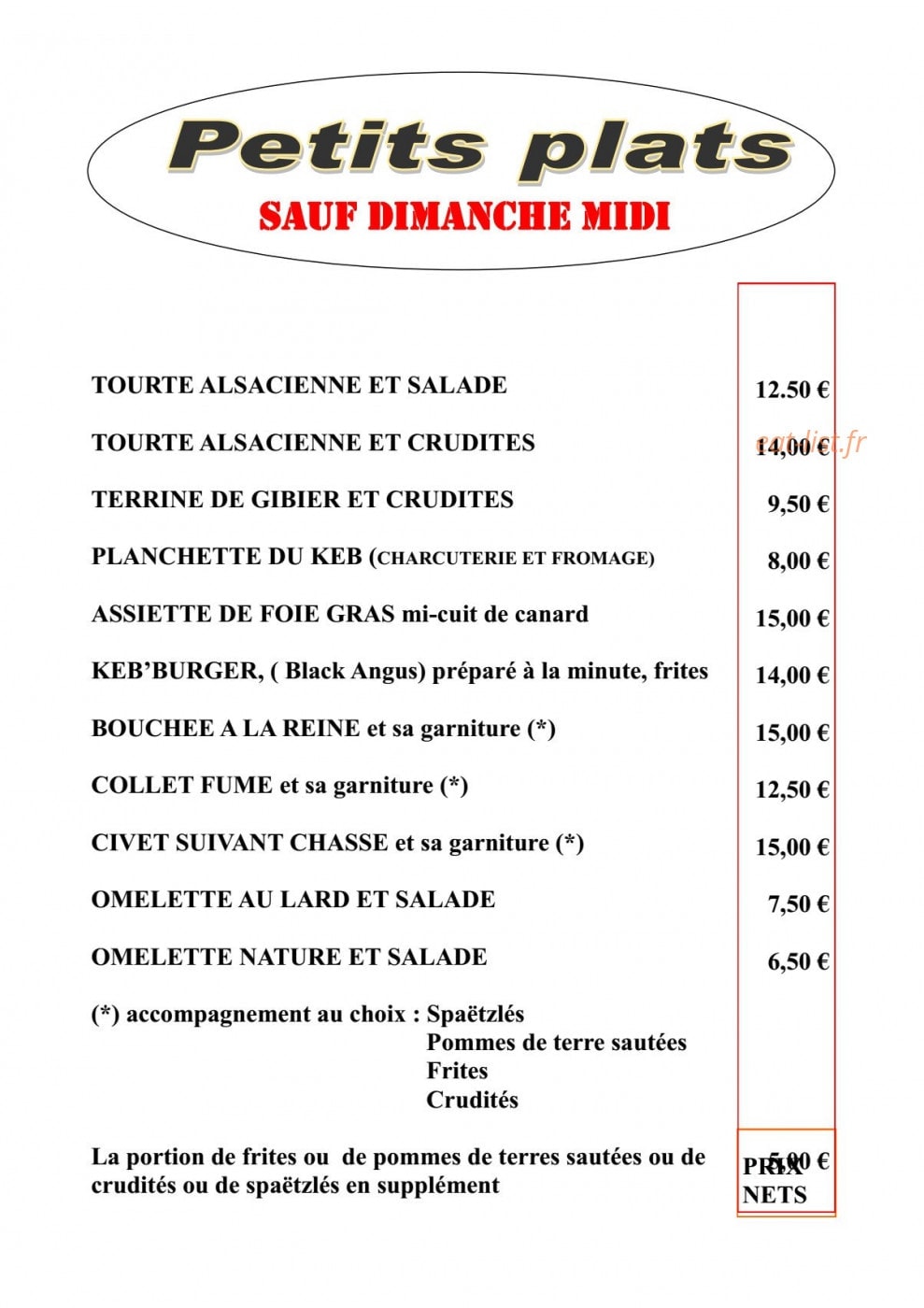 Auberge Kebespré — carte page 1