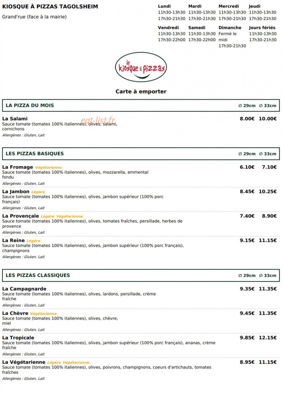 Le Kiosque à Pizzas — carte page 1