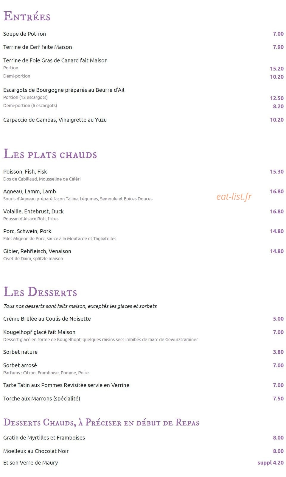 Carte et menu de Auberge des lavandières à Bergheim — Les entrées, plats et desserts