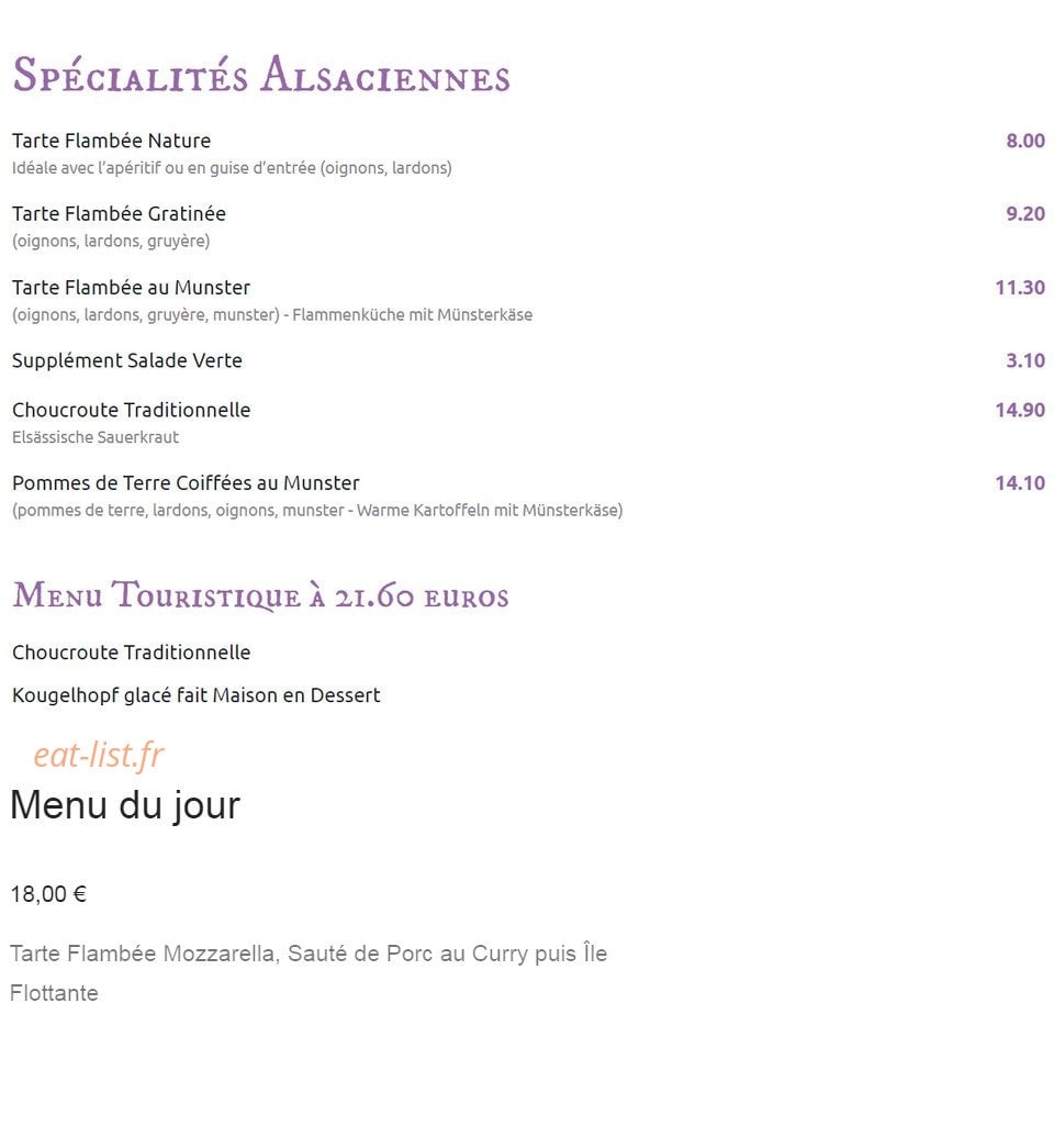 Carte et menu de Auberge des lavandières à Bergheim — Les spécialités et menus