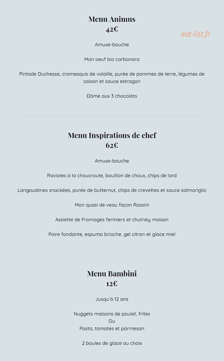 Restaurant Animus — carte page 2
