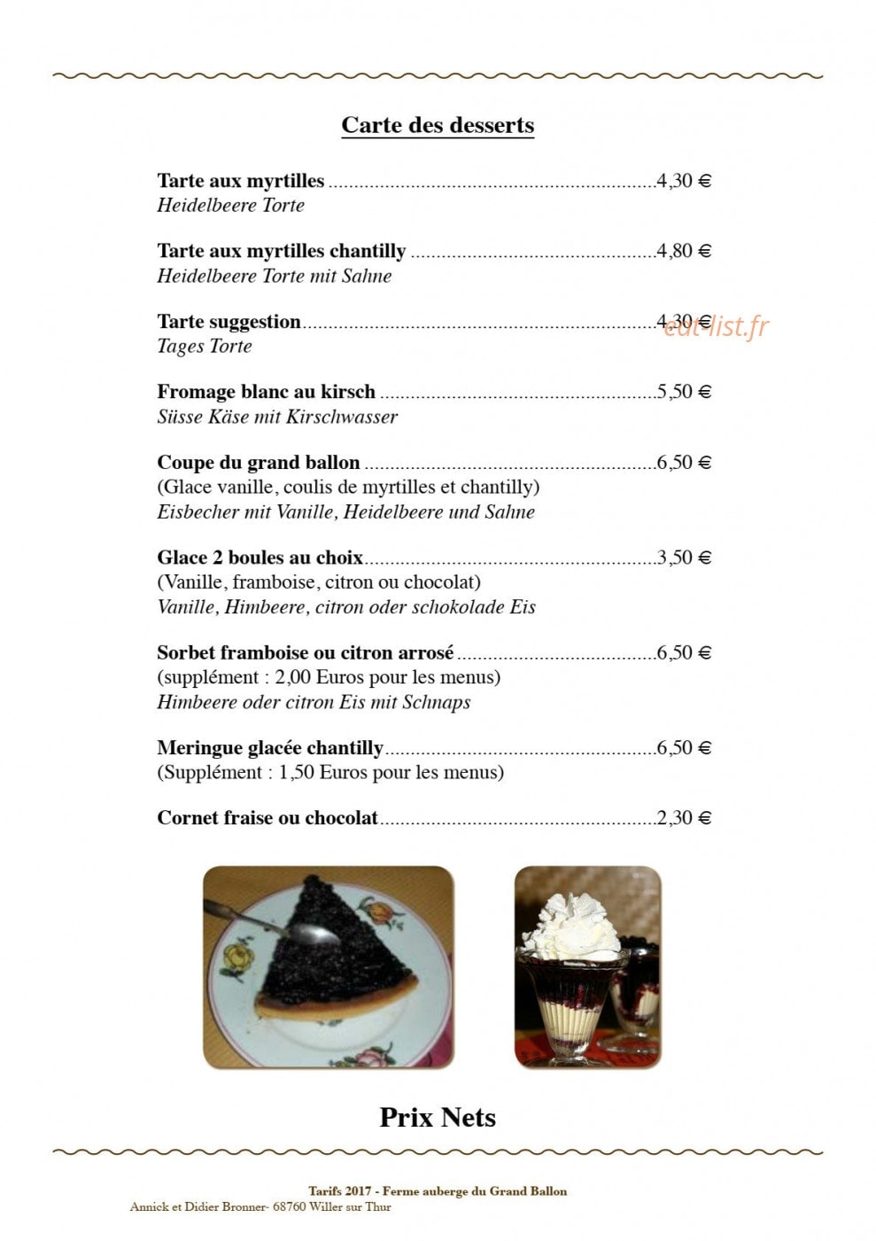 Carte et menu de Ferme auberge du Grand Ballon à Willer sur Thur — Les desserts