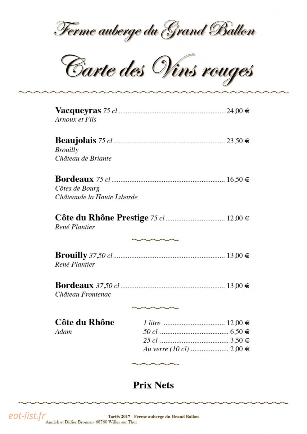 Carte et menu de Ferme auberge du Grand Ballon à Willer sur Thur — Les vins rouges