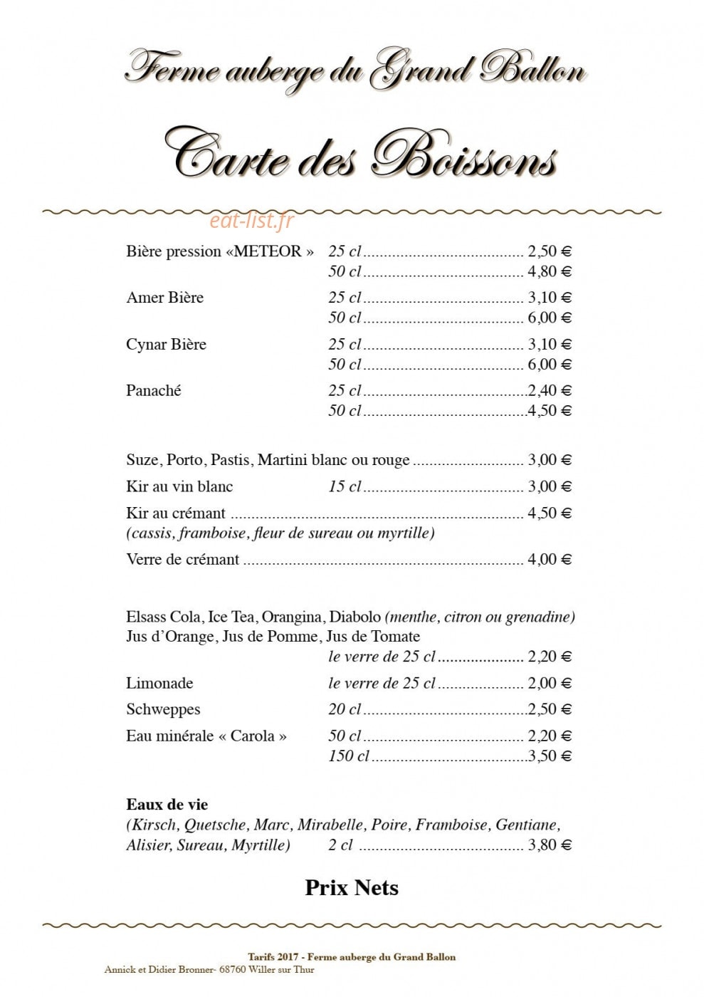 Carte et menu de Ferme auberge du Grand Ballon à Willer sur Thur — Les boissons