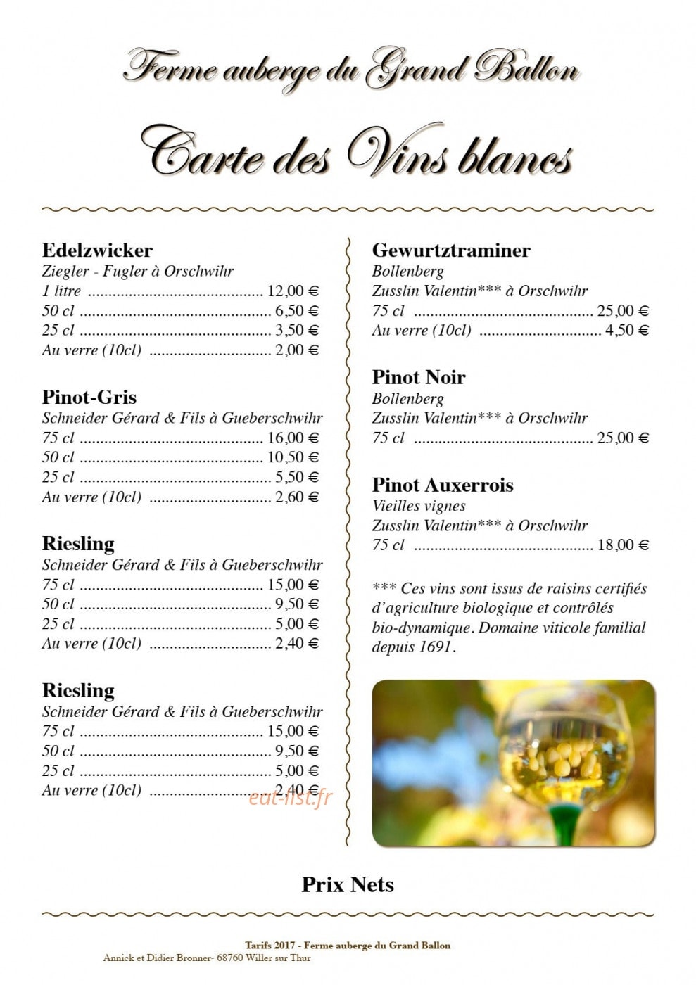 Carte et menu de Ferme auberge du Grand Ballon à Willer sur Thur — Les vins blancs